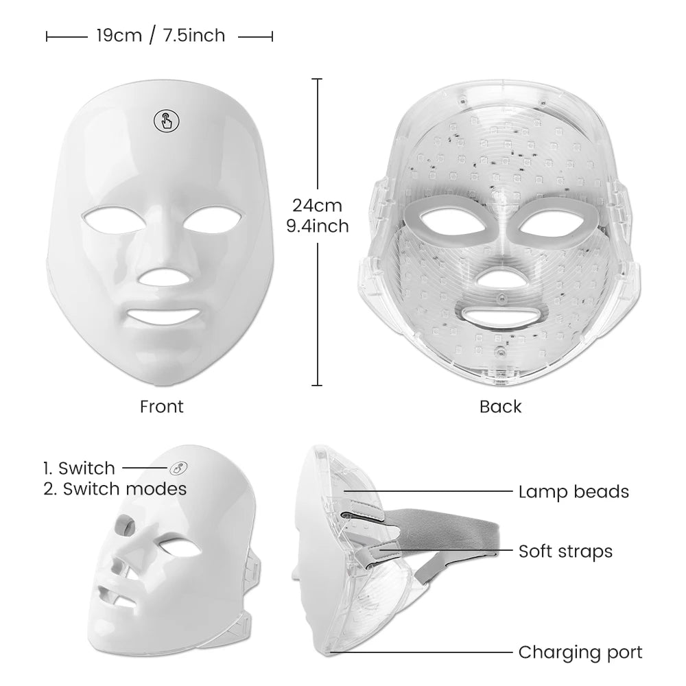 Facial LED Mask - 7 Color Photon Light Therapy for Anti-Aging, Acne & Skin Rejuvenation (Ultra-Lightweight 290g)