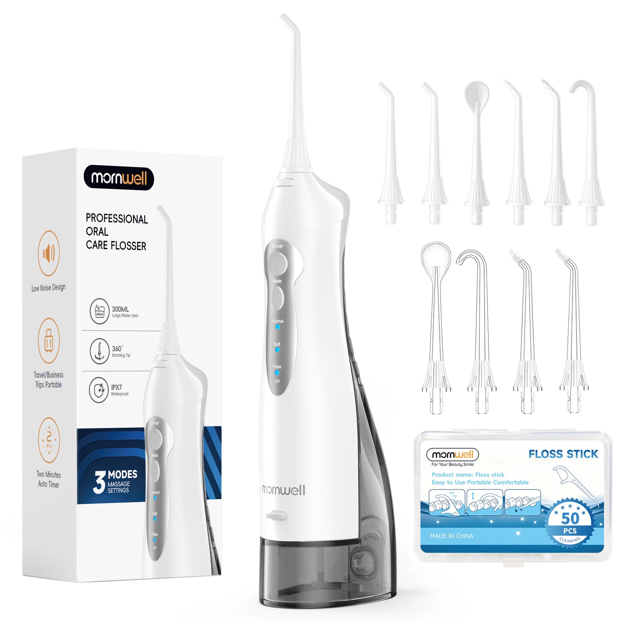 Mornwell D52 Portable Water Flosser USB Rechargeable 300ml 6 Jet Tips 3 Modes Teeth Cleaning for Travel Water Jet Toothpick