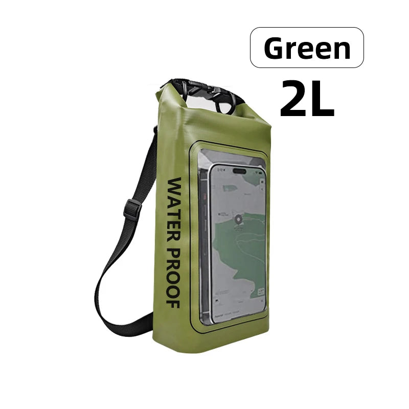 Waterproof Dry Bag 2L in green color with touchscreen pouch, ideal for outdoor adventures and water activities.