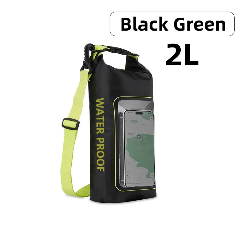 Waterproof Dry Bag 2L with Touchscreen Phone Pouch in Black Green design, ideal for outdoor adventures.