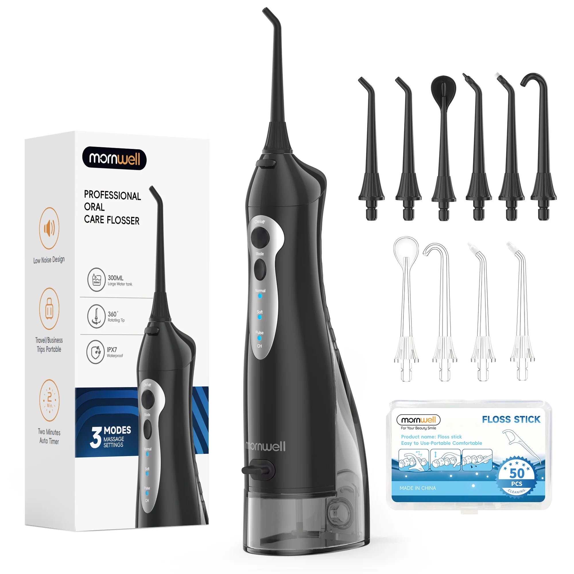Mornwell D52 Portable Water Flosser USB Rechargeable 300ml 6 Jet Tips 3 Modes Teeth Cleaning for Travel Water Jet Toothpick