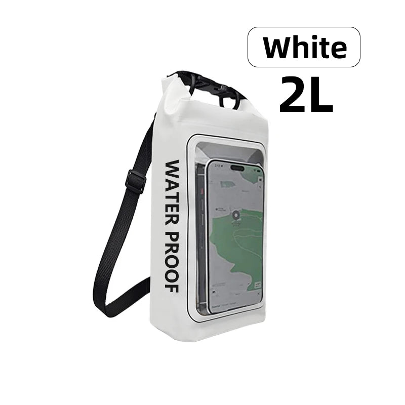 Waterproof Dry Bag 2L with touchscreen phone pouch for keeping essentials dry on adventures.