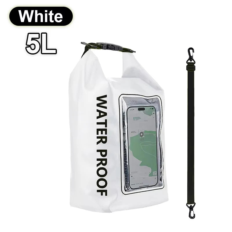 Waterproof Dry Bag 2L/5L with Touchscreen Phone Pouch in white, durable PVC material, ideal for water adventures.