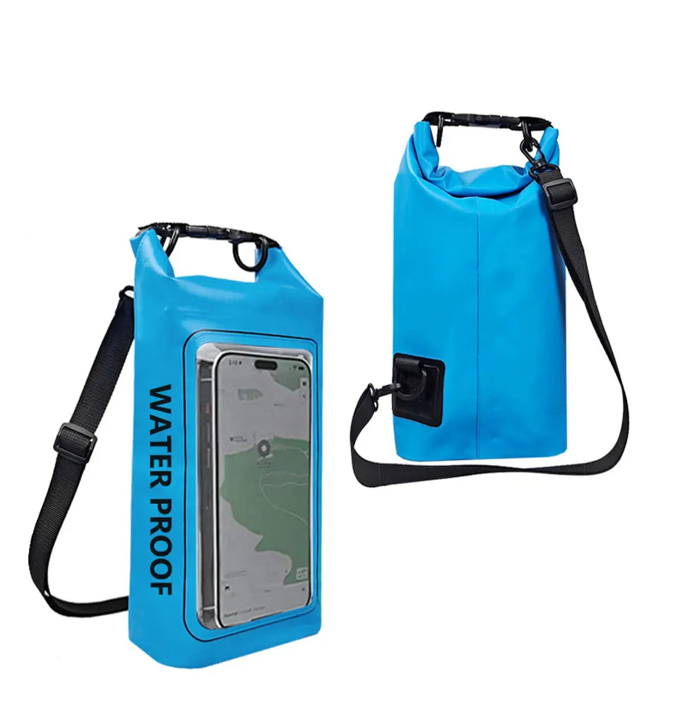 Waterproof Dry Bag with touchscreen phone pouch, made of durable PVC, ideal for water activities.