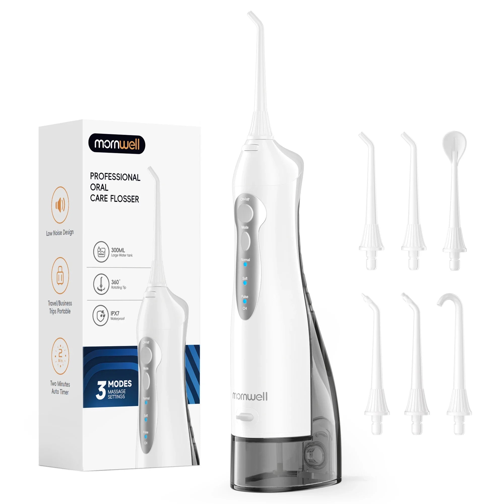 Mornwell D52 Portable Water Flosser USB Rechargeable 300ml 6 Jet Tips 3 Modes Teeth Cleaning for Travel Water Jet Toothpick