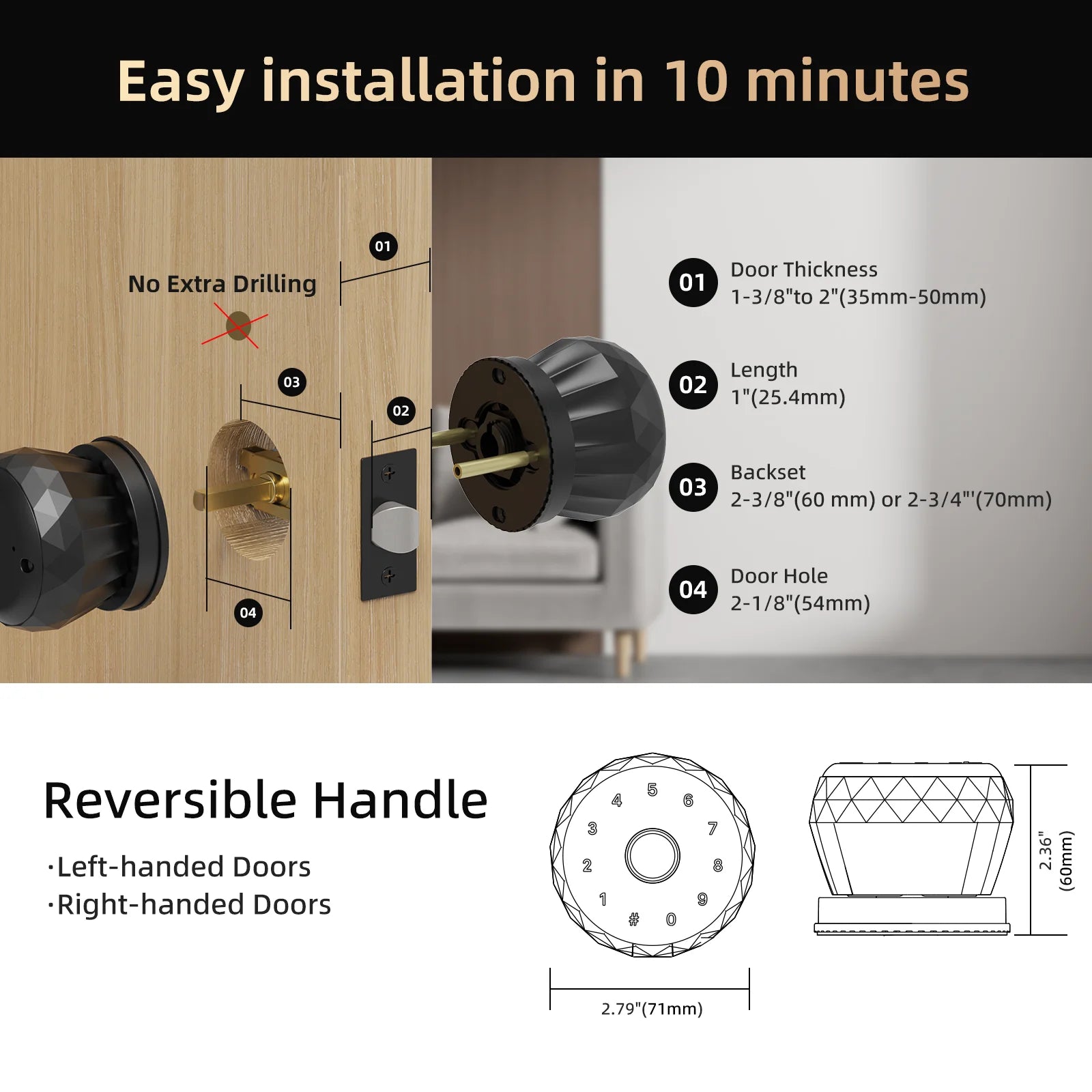 Smart Lock Fingerprint Door Lock - Viladepot 5-in-1 Keyless Entry Handle with Tuya App & Touchscreen Keypad