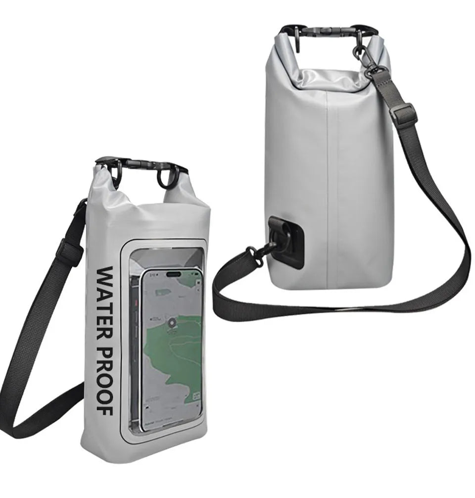 Waterproof Dry Bag 2L/5L with Touchscreen Phone Pouch – AquaShield PVC Floating Bag in gray.