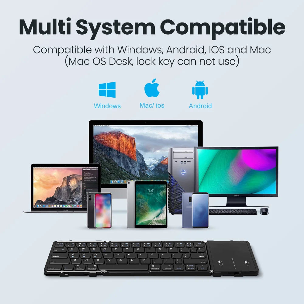 Folding Bluetooth Keyboard with Touchpad PU Leather Wireless Keyboard for iOS Android Windows 3 Devices