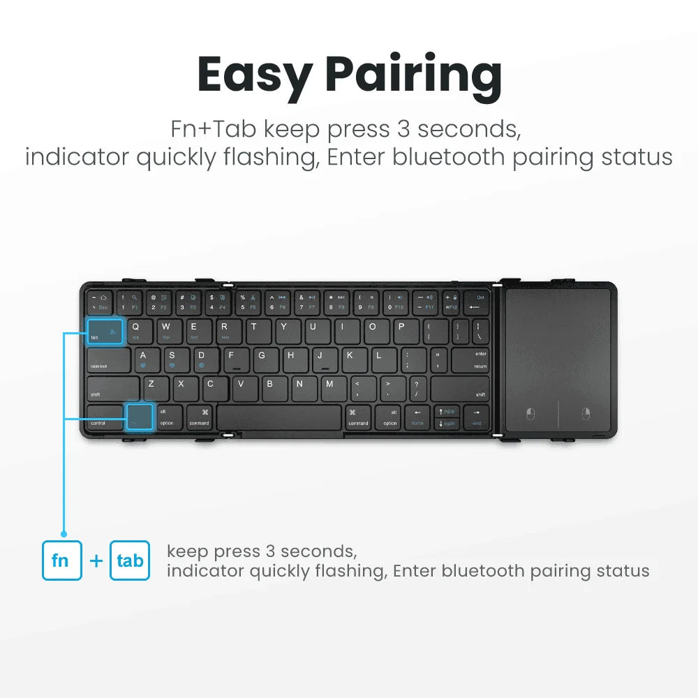 Folding Bluetooth Keyboard with Touchpad PU Leather Wireless Keyboard for iOS Android Windows 3 Devices