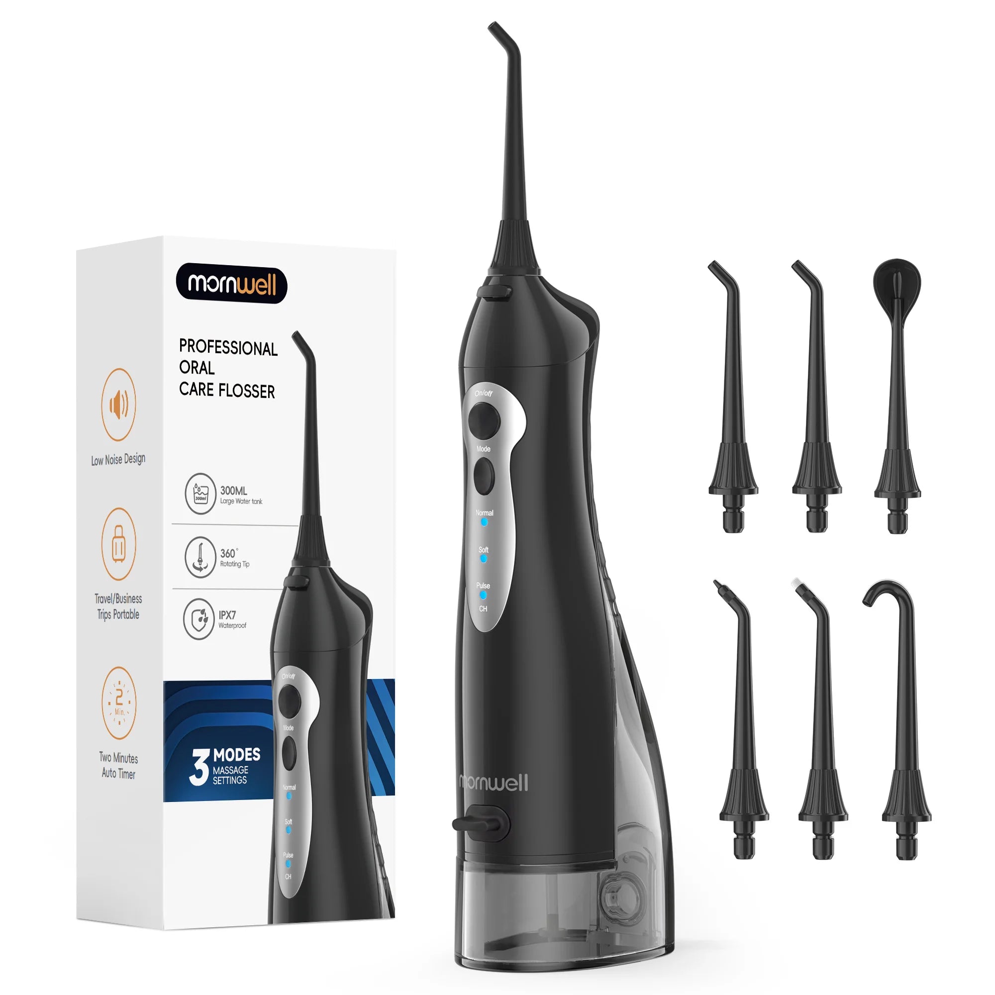 Mornwell D52 Portable Water Flosser USB Rechargeable 300ml 6 Jet Tips 3 Modes Teeth Cleaning for Travel Water Jet Toothpick