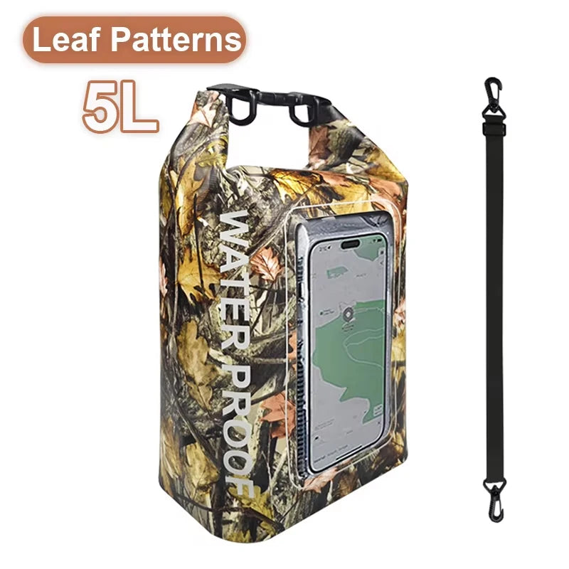 Waterproof Dry Bag 5L with leaf patterns and touchscreen phone pouch for outdoor adventures.