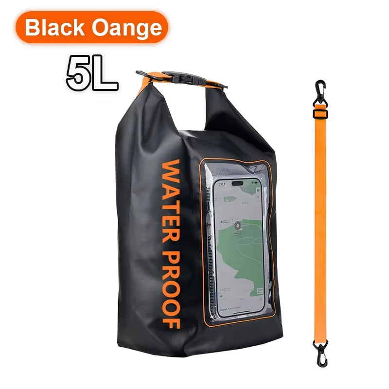 Waterproof Dry Bag 5L in black and orange with touchscreen phone pouch for outdoor adventures.