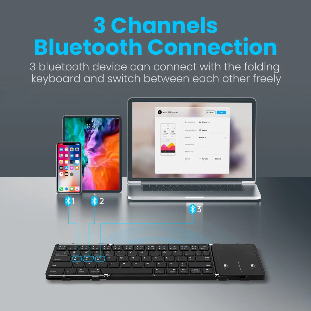 Folding Bluetooth Keyboard with Touchpad PU Leather Wireless Keyboard for iOS Android Windows 3 Devices
