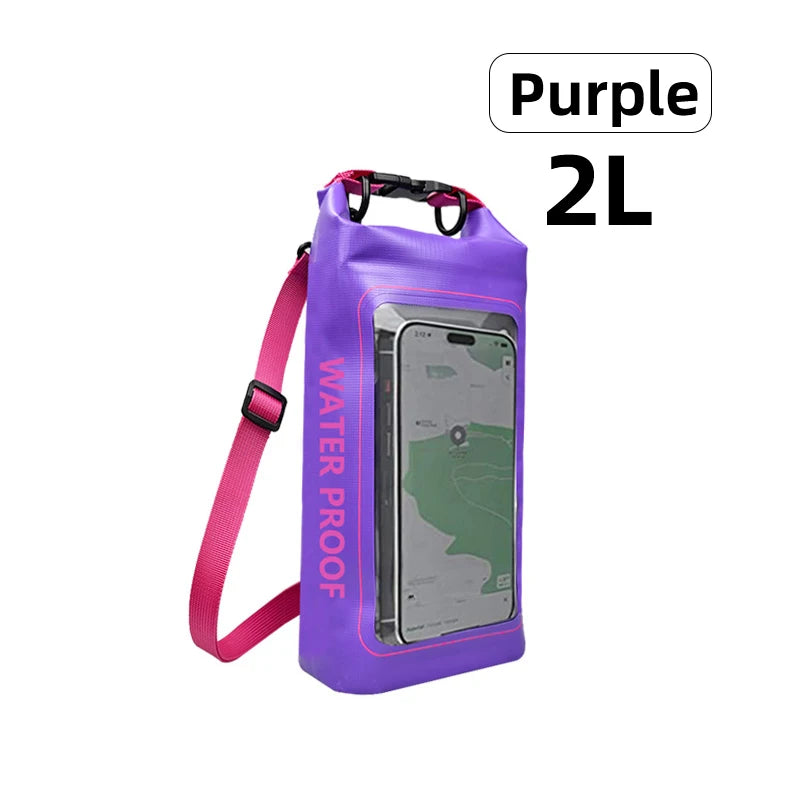 Waterproof Dry Bag 2L in purple with touchscreen pouch for phone, ideal for outdoor adventures and keeping essentials dry.