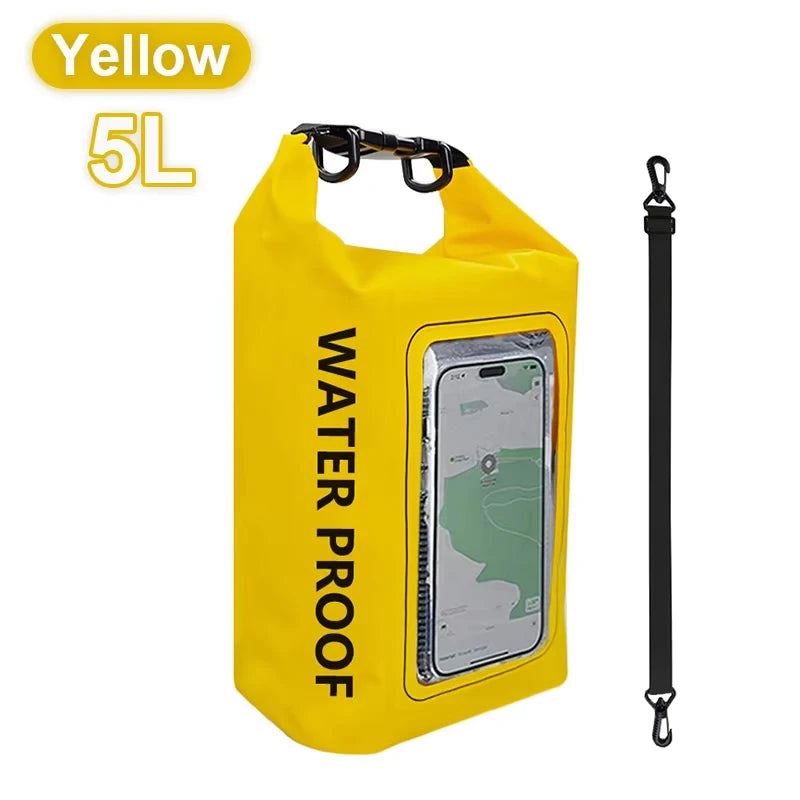 Waterproof Dry Bag 5L in yellow with touchscreen phone pouch for secure storage in water activities.