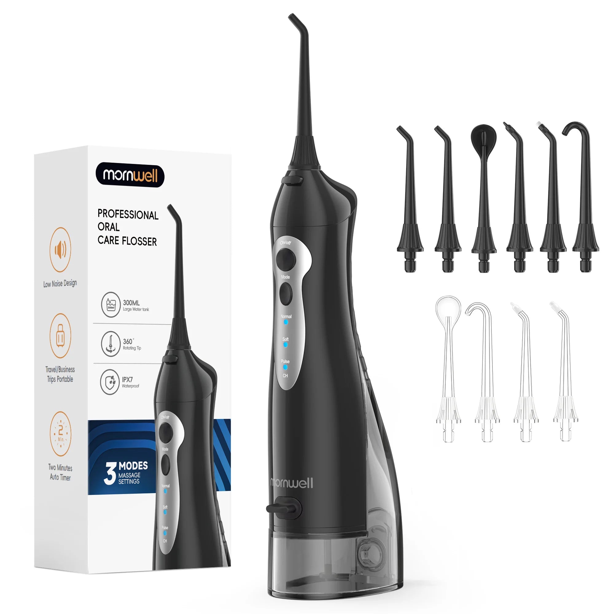 Mornwell D52 Portable Water Flosser USB Rechargeable 300ml 6 Jet Tips 3 Modes Teeth Cleaning for Travel Water Jet Toothpick