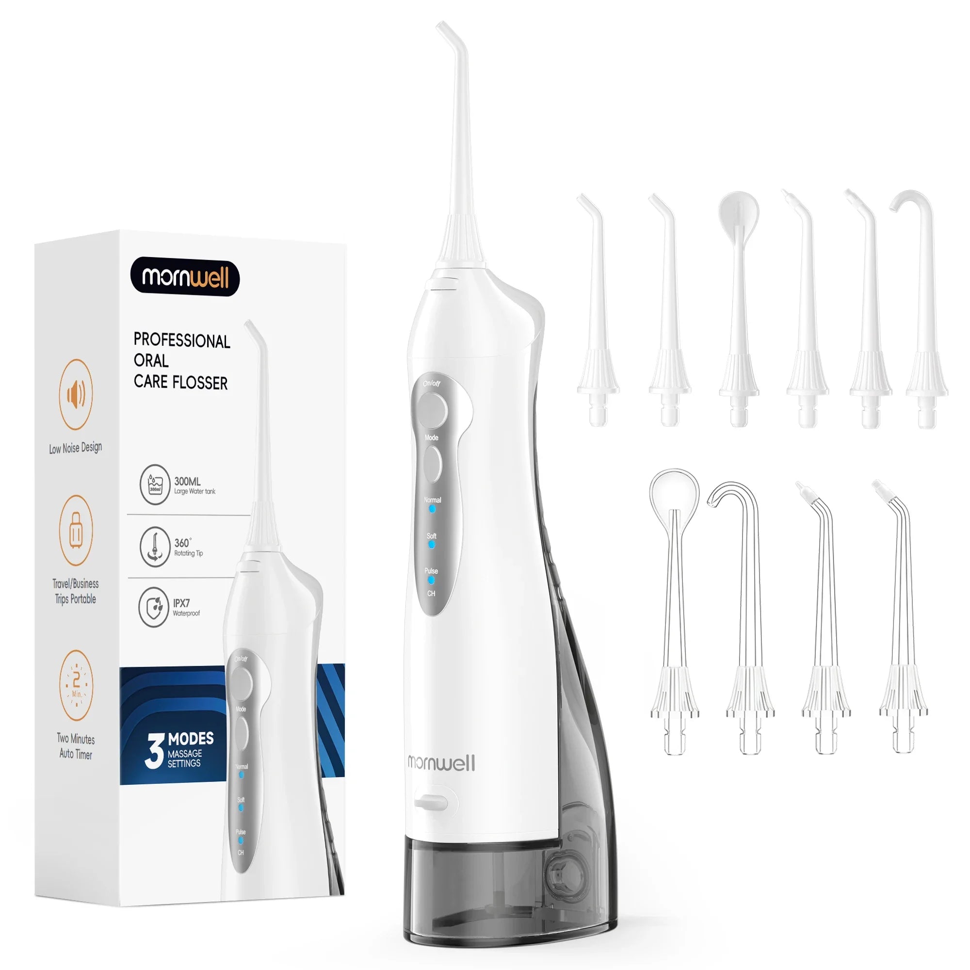 Mornwell D52 Portable Water Flosser USB Rechargeable 300ml 6 Jet Tips 3 Modes Teeth Cleaning for Travel Water Jet Toothpick