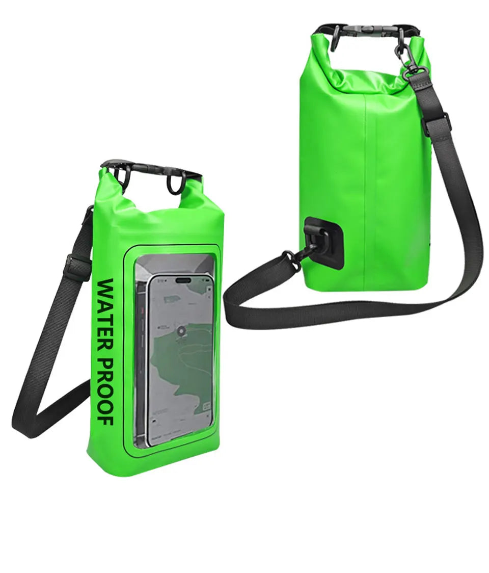 Waterproof Dry Bag 2L/5L in bright green with touchscreen phone pouch for outdoor activities.