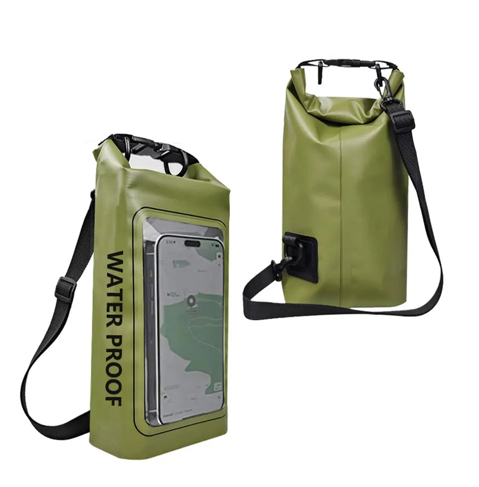 Waterproof Dry Bag with touchscreen phone pouch, made from durable waterproof PVC, perfect for adventures.