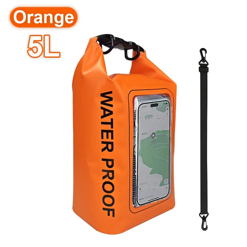 Waterproof Dry Bag 5L in orange color with touchscreen phone pouch and adjustable strap for outdoor adventures.