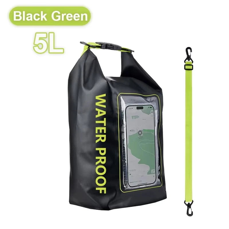 Waterproof Dry Bag 2L/5L with touchscreen pouch in black green, made from durable PVC, ideal for aquatic adventures.