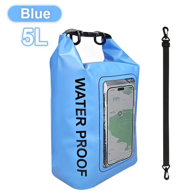 Waterproof Dry Bag 2L/5L in blue color with touchscreen phone pouch for adventure use.