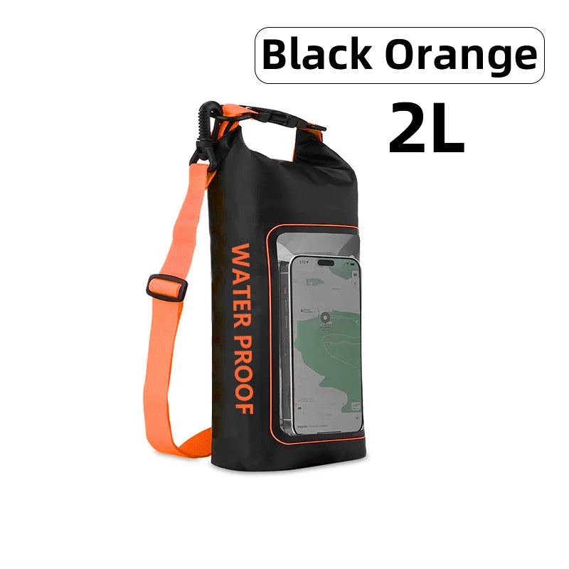 Waterproof Dry Bag 2L in black and orange with touchscreen phone pouch for outdoor adventures.