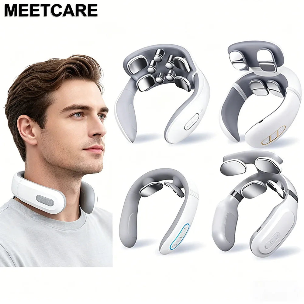 TENS Pulse Neck Massager shown on a model, featuring wireless cervical spine and shoulder massage with soothing heat.