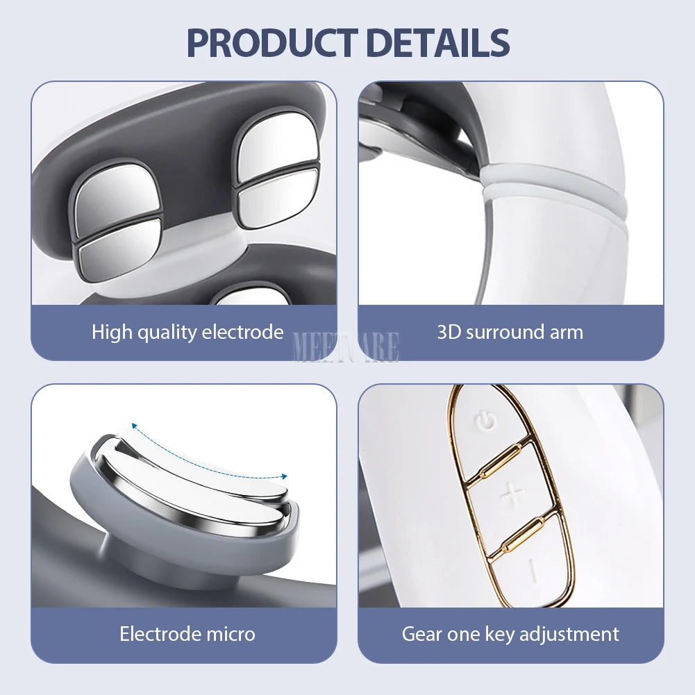 Product details of the TENS Pulse Neck Massager including high-quality electrode, 3D surround arm, and gear adjustment feature.