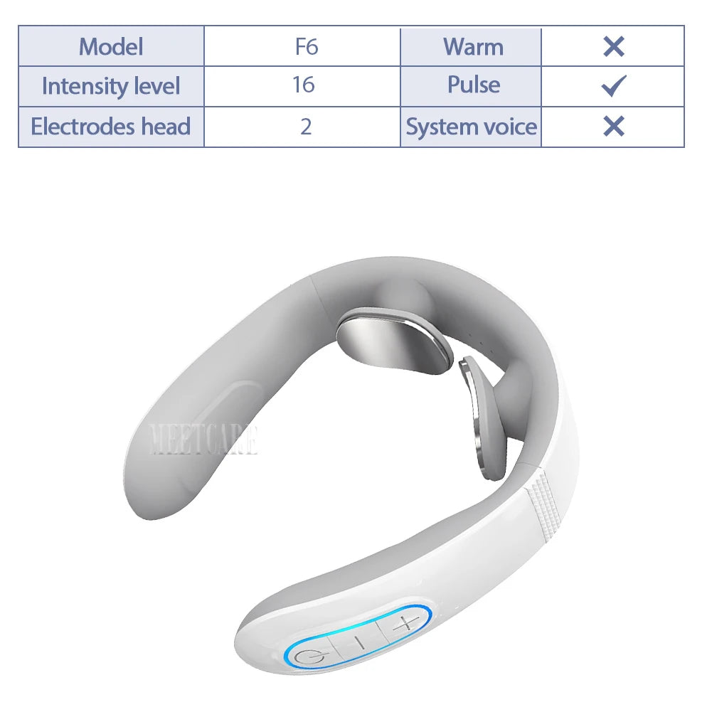 TENS Pulse Neck Massager showcasing the model F6 with warm and pulse settings, designed for cervical spine and shoulder relief.