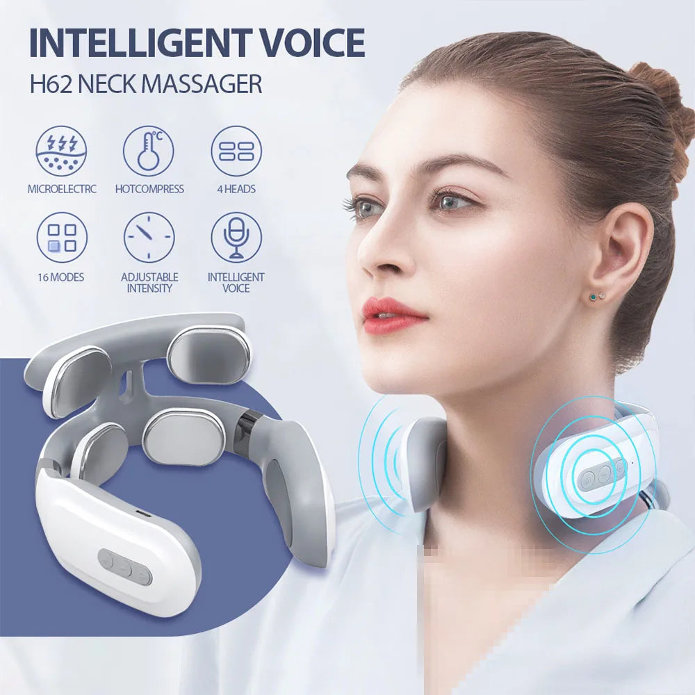 TENS Pulse Neck Massager with intelligent voice, 4 heads, adjustable intensity, hot compress feature for neck relaxation.