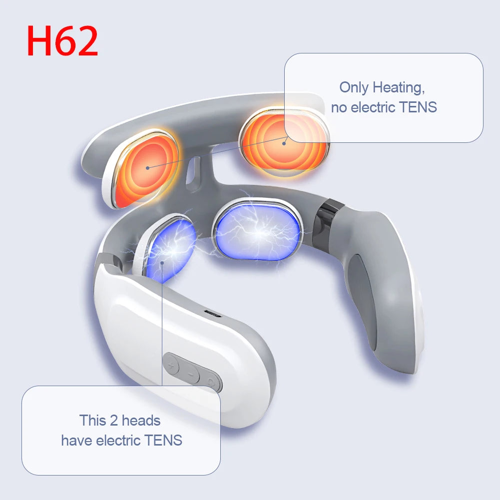 TENS Pulse Neck Massager showing heat therapy and electric TENS functionality for neck and shoulder relief.