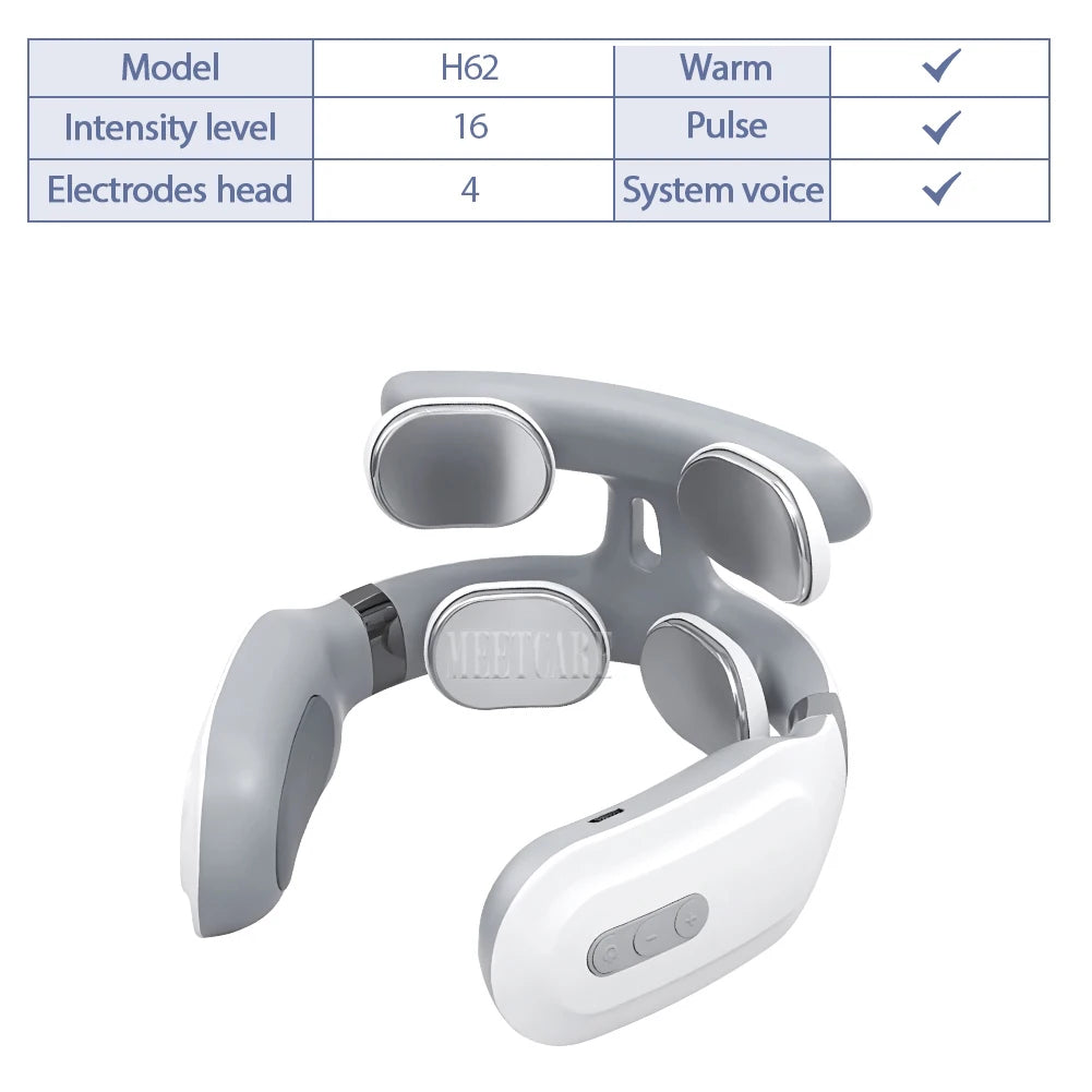 TENS Pulse Neck Massager showcasing model H62 with intensity levels and electrodes, designed for soothing neck relief.