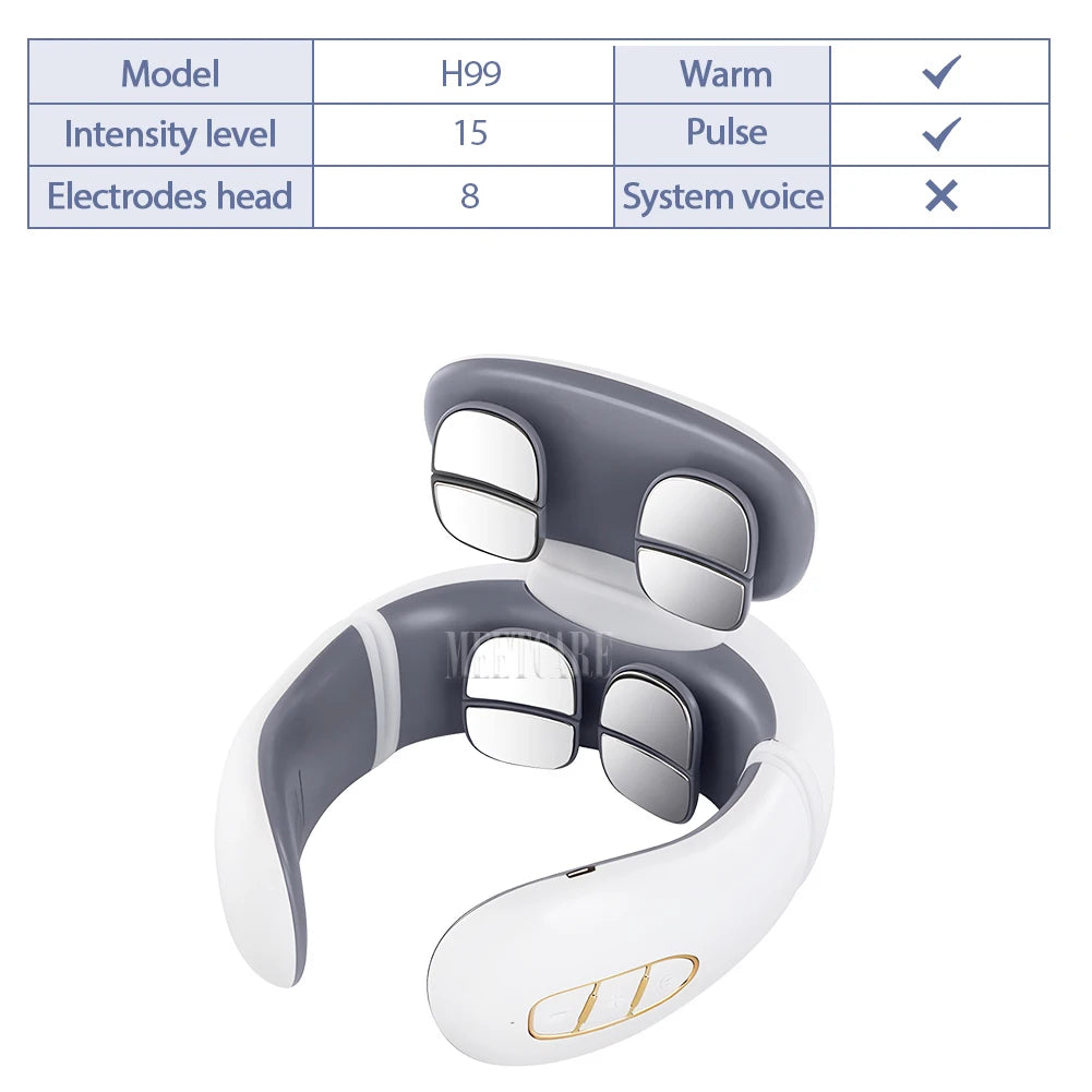 TENS Pulse Neck Massager with warm and pulse settings, showcasing electrodes and intensity levels for neck relief.