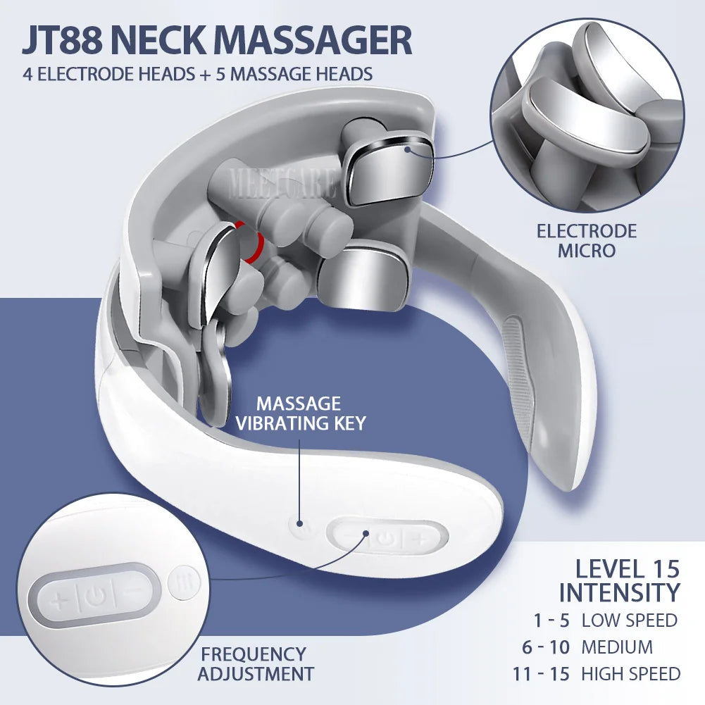 TENS Pulse Neck Massager with 4 electrode heads and 5 massage heads, showcasing vibrating key and frequency adjustment features.