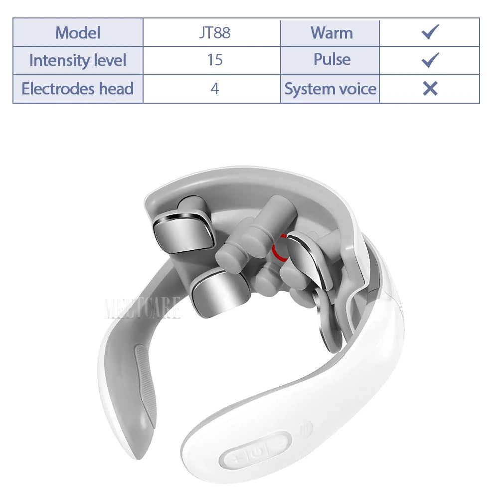 TENS Pulse Neck Massager showing dimensions and features like intensity level, electrodes head, and model JT88.