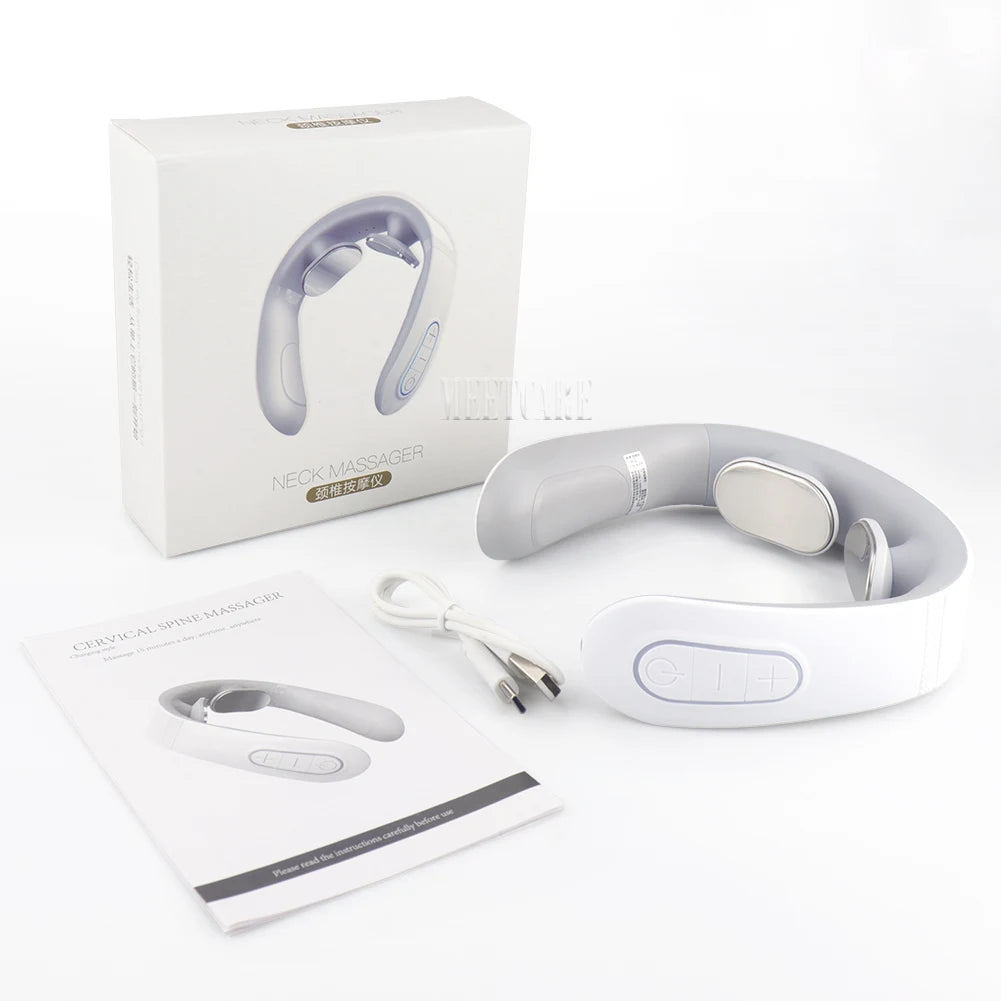 TENS Pulse Neck Massager with soothing heat therapy, wireless design, included instructions, and charging cable.