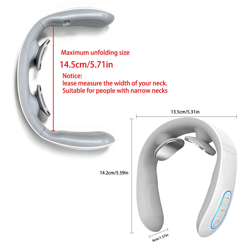 TENS Pulse Neck Massager dimensions showing maximum unfolding size and suitability for narrow necks.
