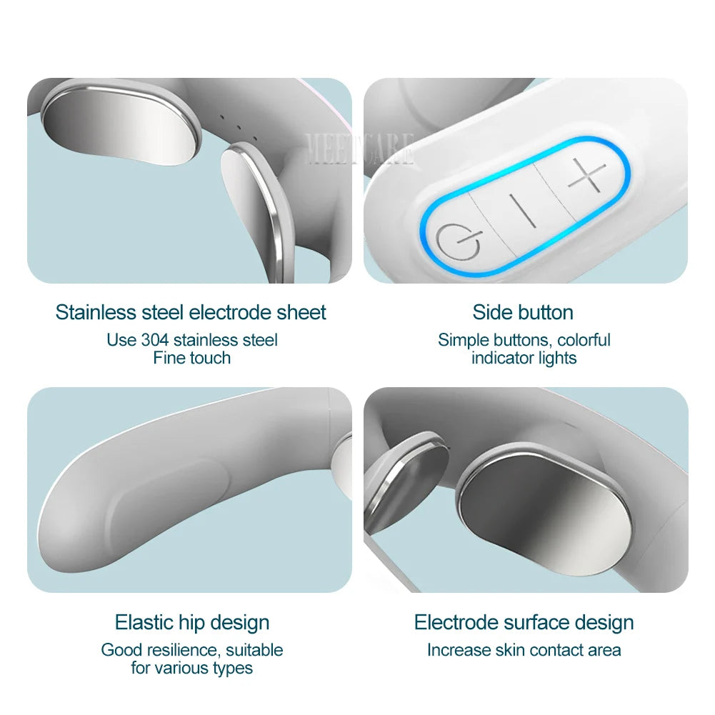TENS Pulse Neck Massager features including stainless steel electrode sheet and ergonomic design for comfort and effectiveness.