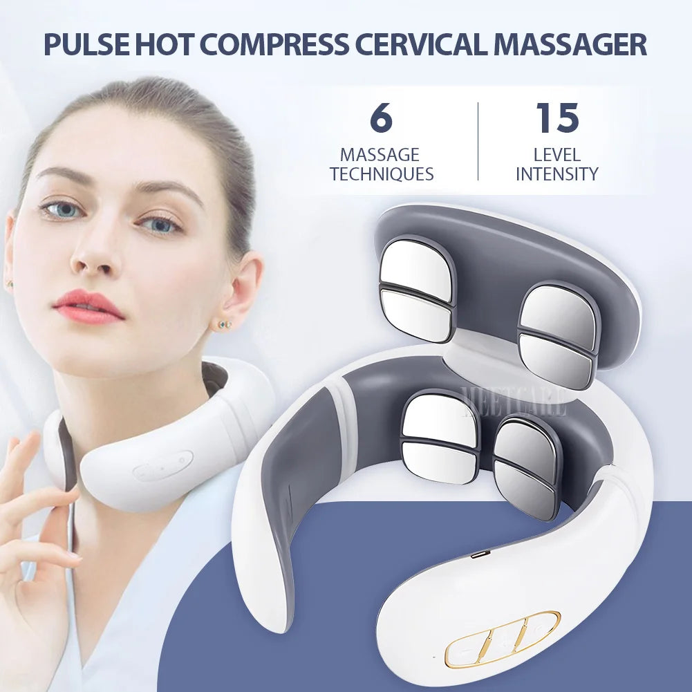 TENS Pulse Neck Massager with pulse hot compress, featuring 6 massage techniques and 15 intensity levels for soothing relief.