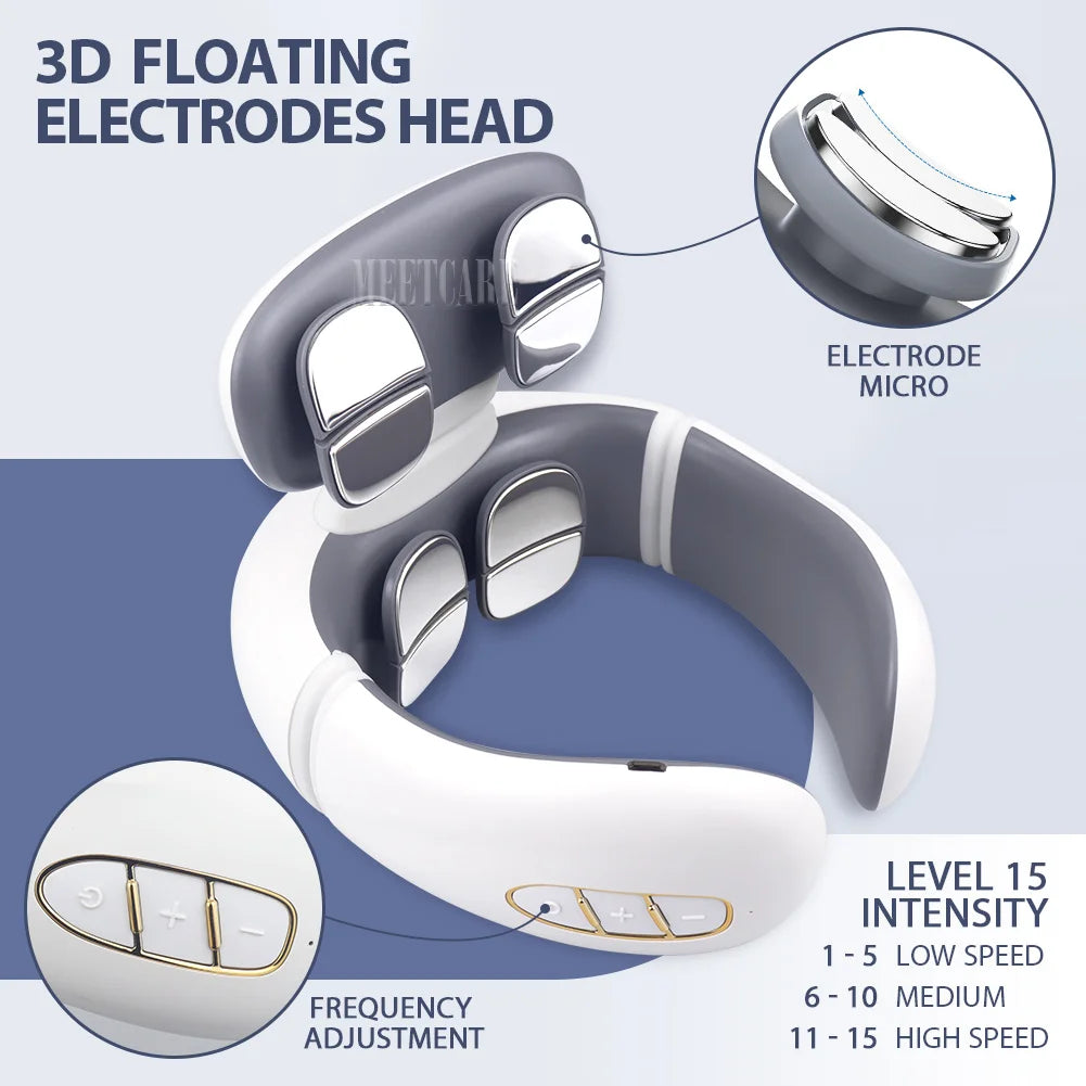 TENS Pulse Neck Massager features a 3D floating electrodes head with adjustable intensity settings and frequency adjustment buttons.