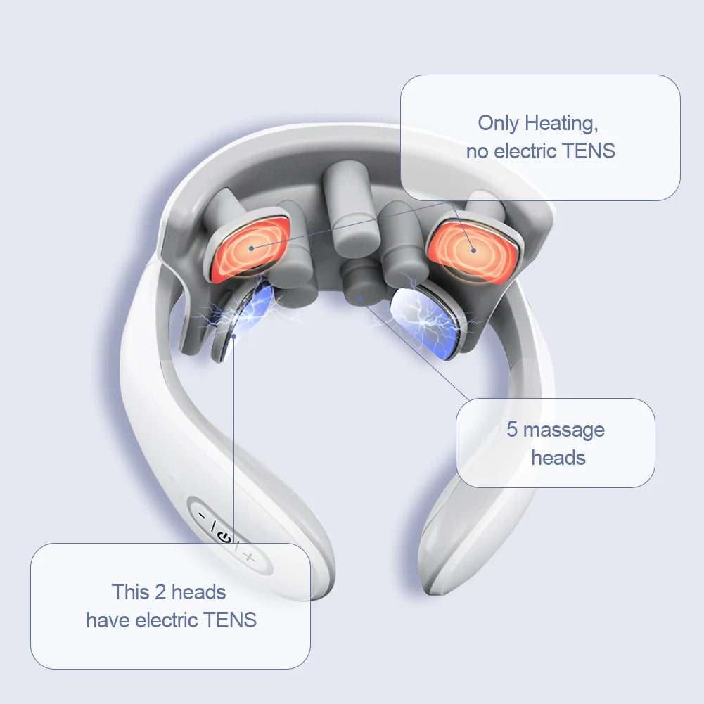 TENS Pulse Neck Massager showing heating features and massage heads for neck and shoulder relief.