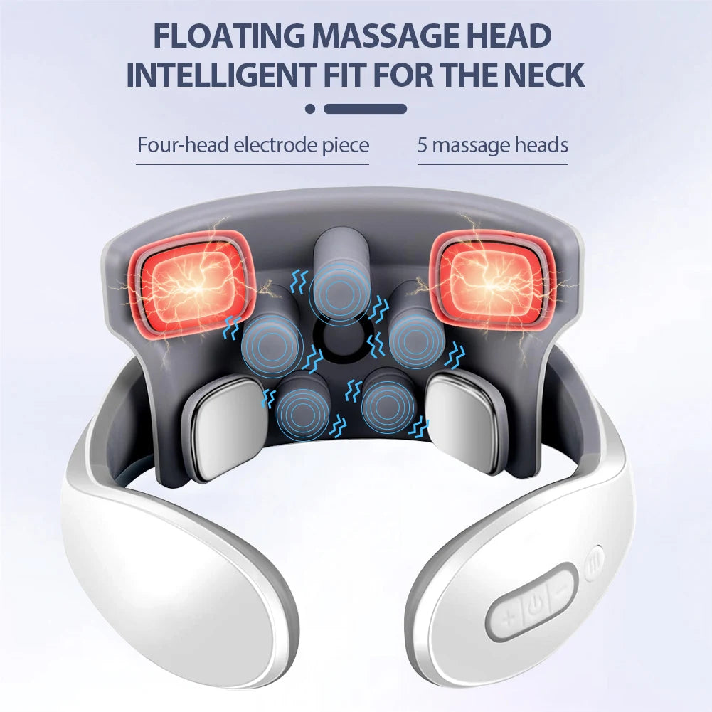 TENS Pulse Neck Massager featuring floating massage head for intelligent fit, four-head electrode piece, and five massage heads.