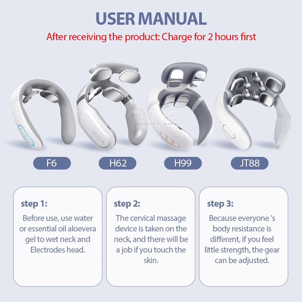 User manual for TENS Pulse Neck Massager showing charging and usage steps for effective heat therapy.